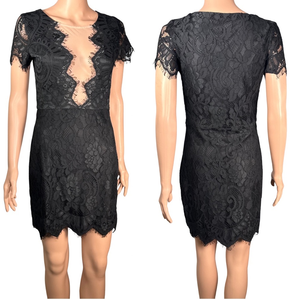 Storia Black Lace Illusion-Detail Mini Dress – Size M (Fits Like S) NEW